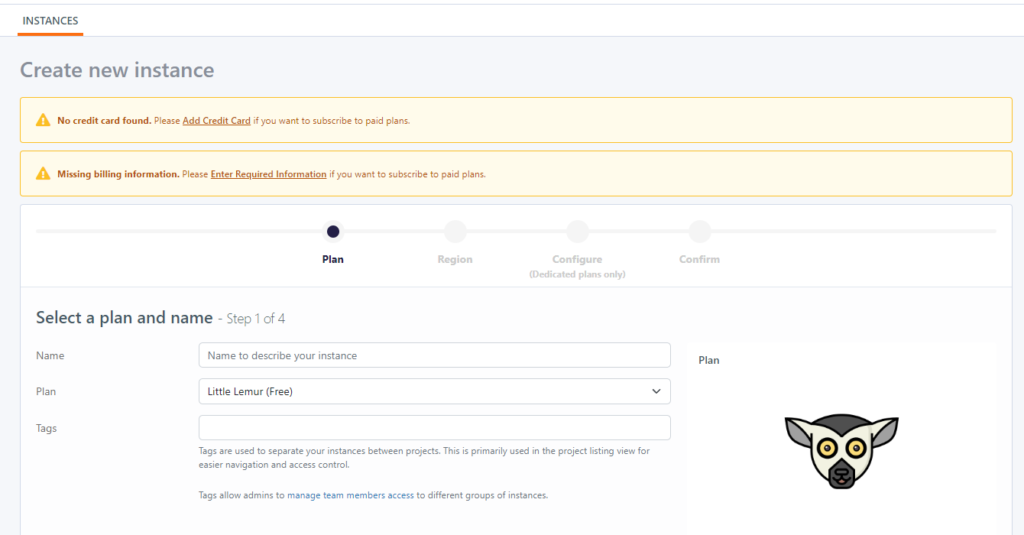 Captura de tela da página de criação de instâncias do CloudAMQP mostrando o plano gratuito selecionado e o aviso de que não há cartão de crédito associado